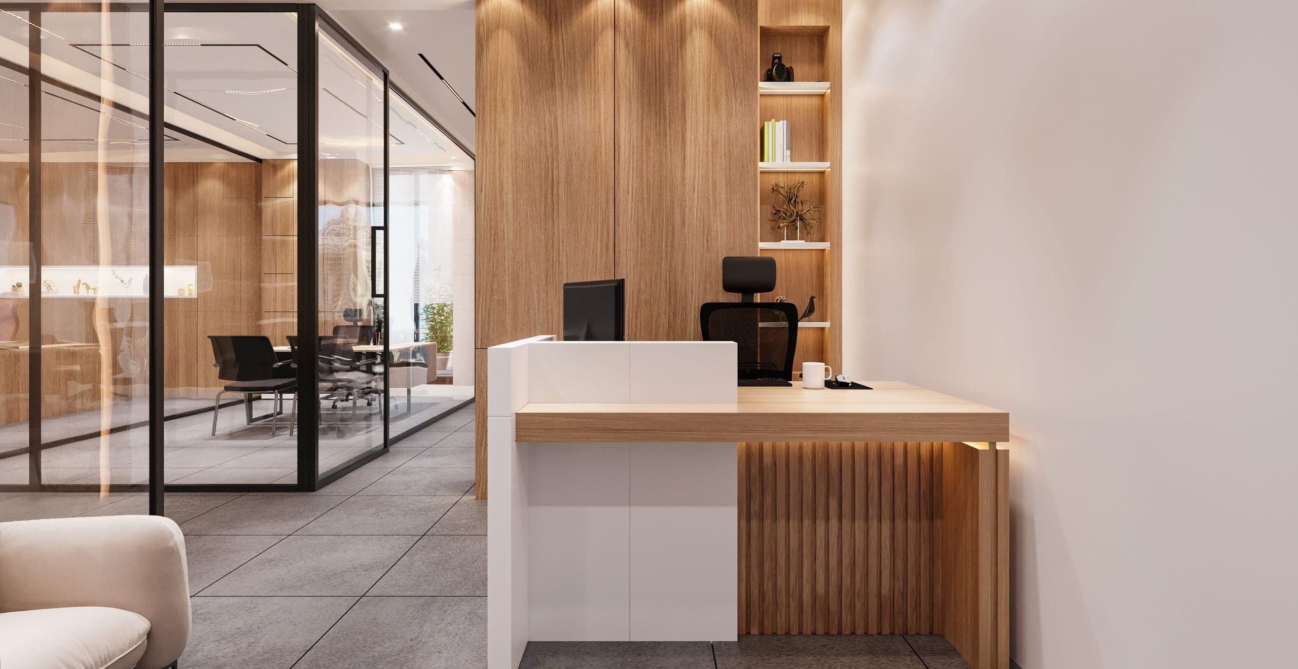 Office reception desk in wood and glass